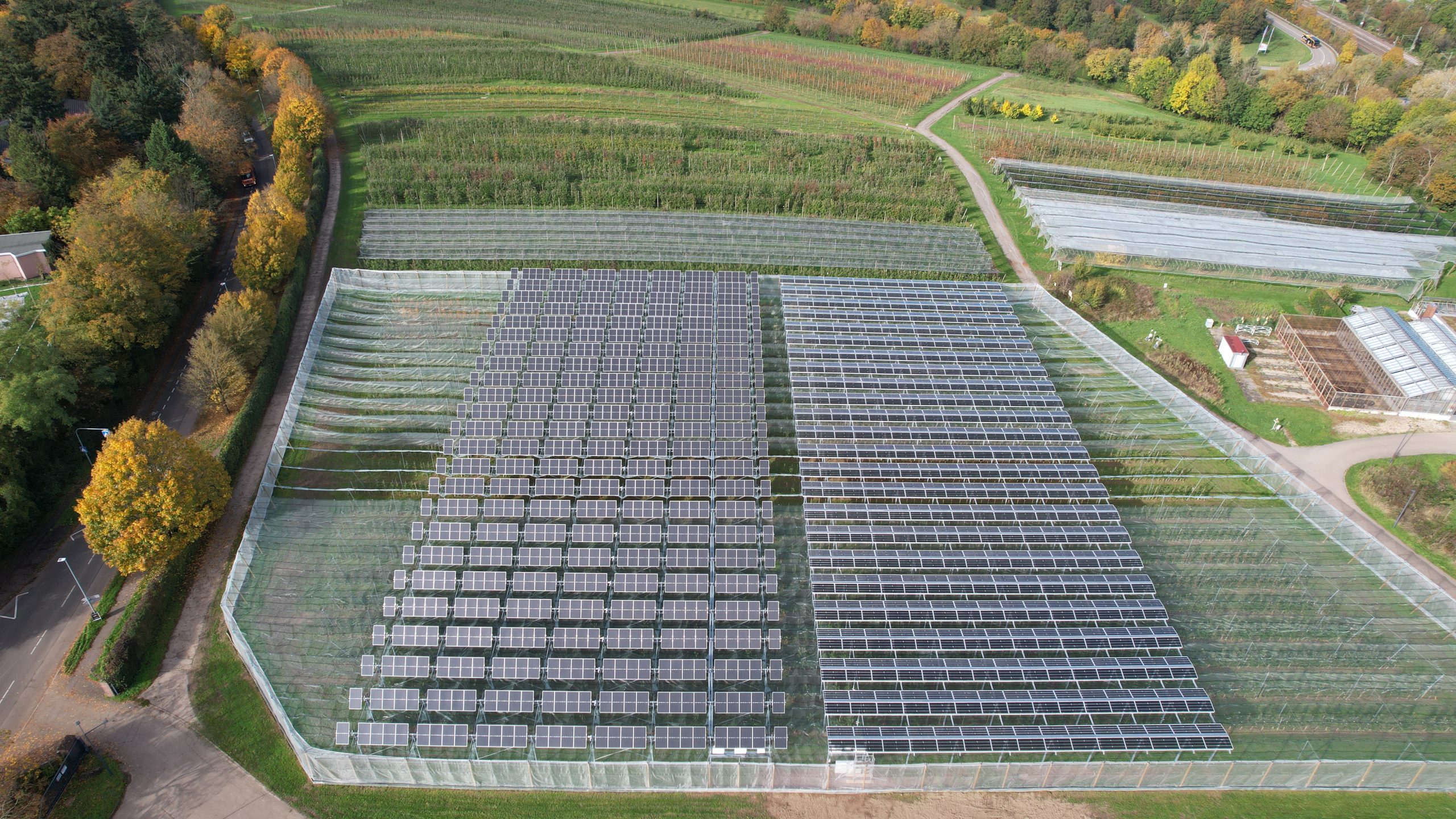 Luftaufnahme der Agri-PV-Anlage des LTZ Augustenberg