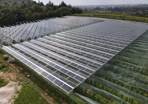 Modulreihen der Agri-PV-Anlage mit Blick auf die Stadt Karlsruhe im Hintergrund