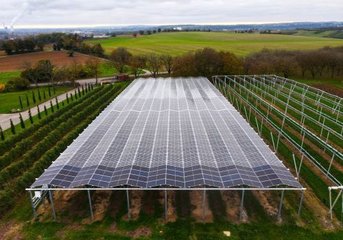 Luftaufnahme der gesamten Agri PV Anlage über Kirschbaumreihen mit Landschaftsblick, Heuchlingen
